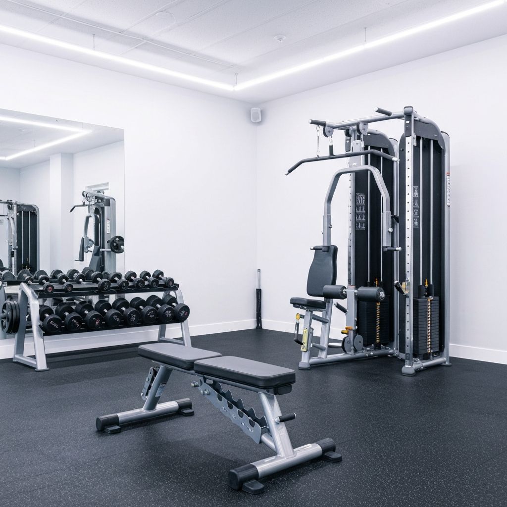 Strength training area with weight machines and free weights